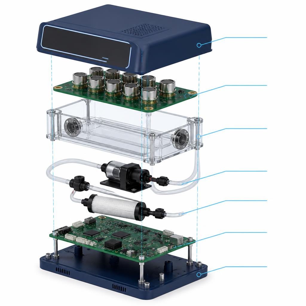 Ilustrasi exploded view sistem e-Halal Nose: penutup unit, array sensor gas MOS, sampling chamber, pompa aliran udara, filter udara, dan papan kontrol